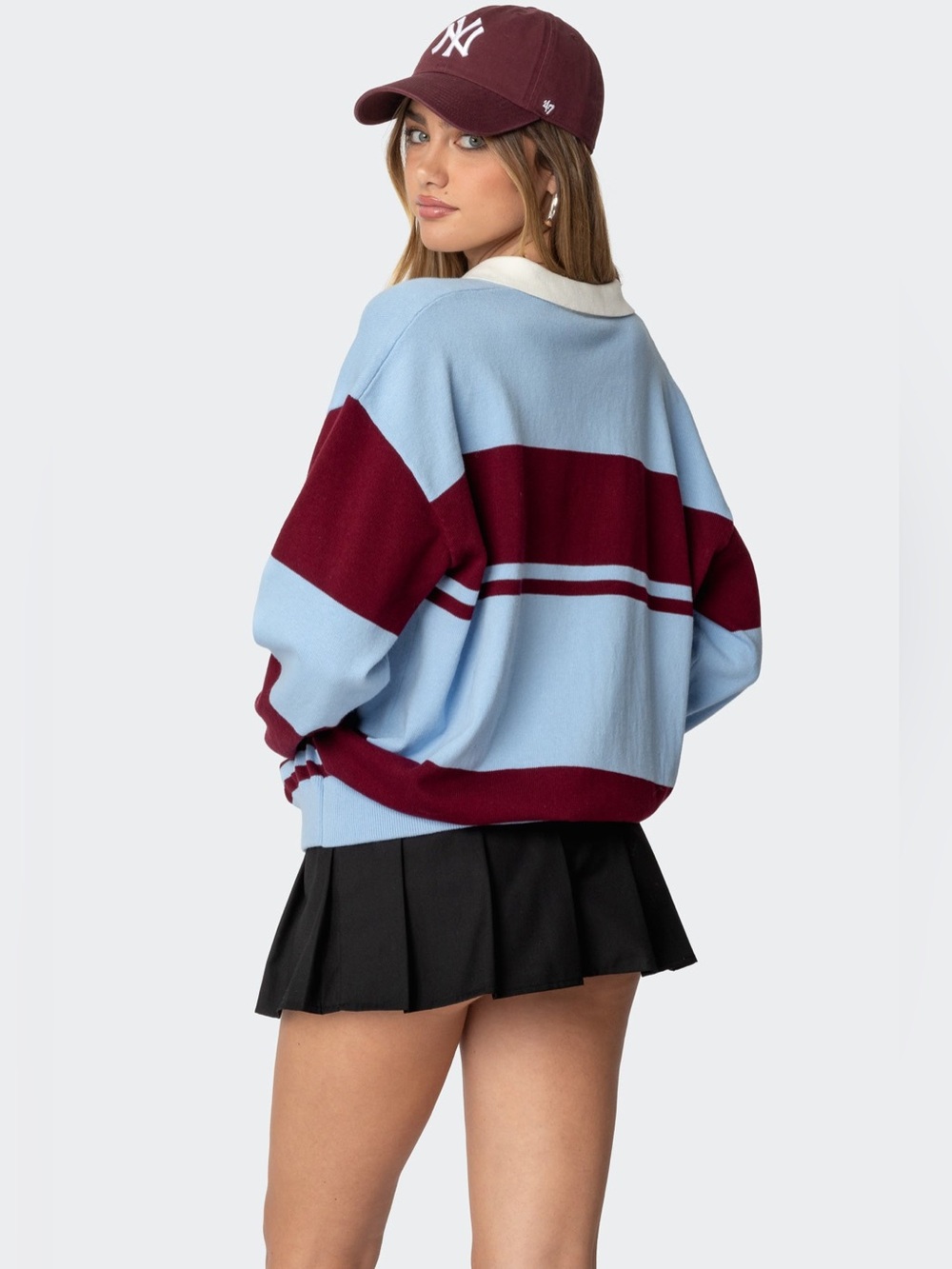 Edikted Kian Striped Polo Sweater Blue Burgundy Size M NWOT - Picture 5 of 8